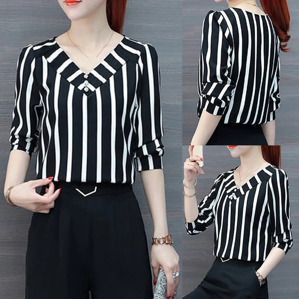 Women's Casual Three Quarter Sleeve V-neck Leisure Stripe