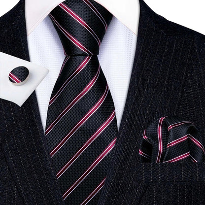 Barry.Wang LS-704 Red Plaid Silk Tie Set with Handkerchief & Cufflinks