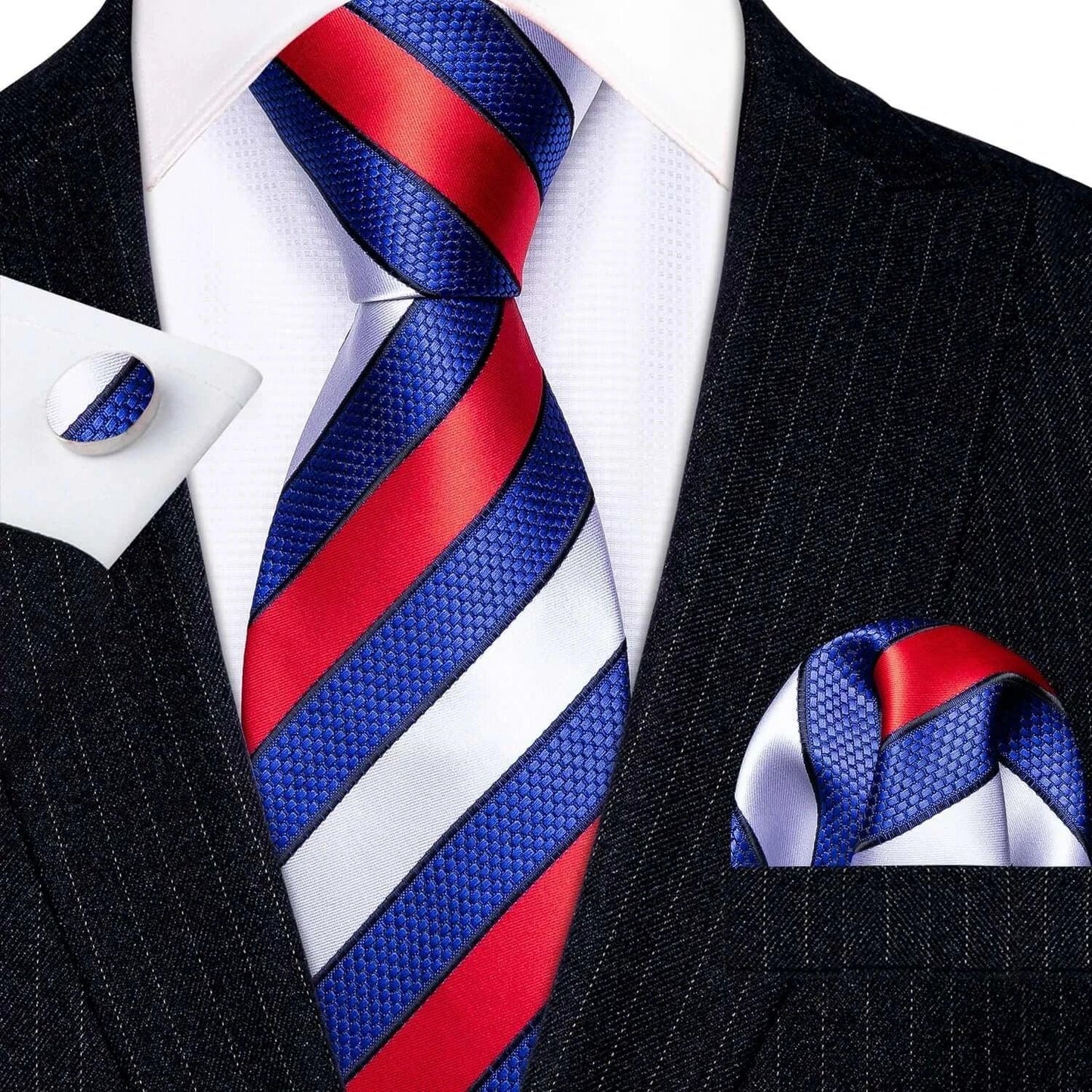 Barry.Wang LS-704 Red Plaid Silk Tie Set with Handkerchief & Cufflinks
