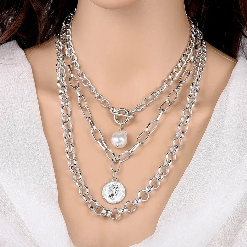 Fashion Chain Pearl Necklace Silver-03