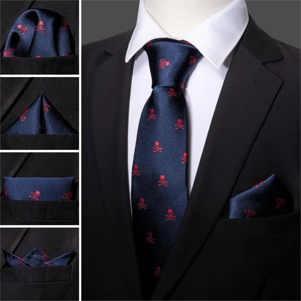 Red Skull Silk Tie Set with Handkerchief – Designer Men’s Necktie for Wedding, Business & Parties