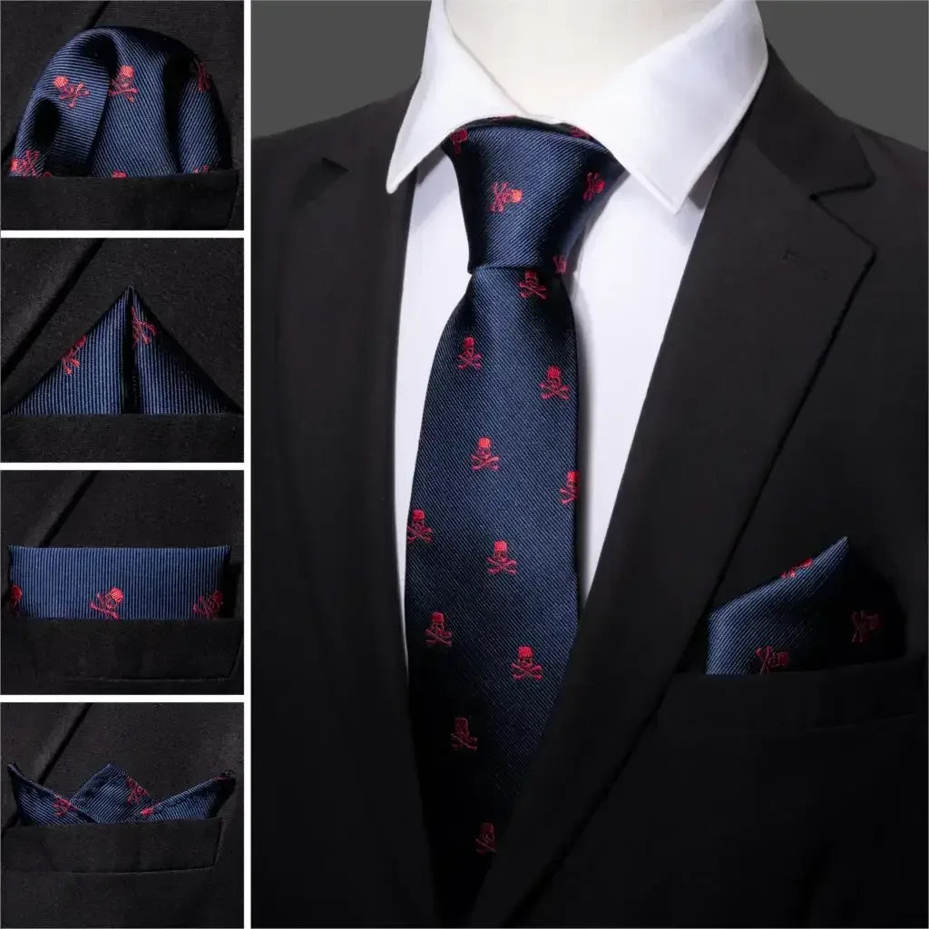 Red Skull Silk Tie Set with Handkerchief – Designer Men’s Necktie for Wedding, Business & Parties 5049 / United States