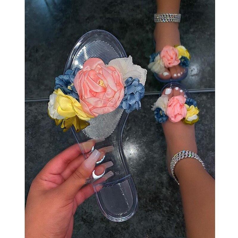 2021 Summer Beach Slippers Transparent Flowers Women‘s Slippers Pink / 6
