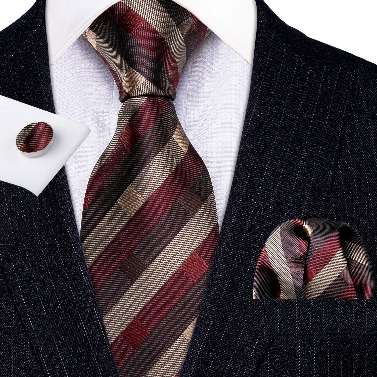 Barry.Wang LS-704 Red Plaid Silk Tie Set with Handkerchief & Cufflinks
