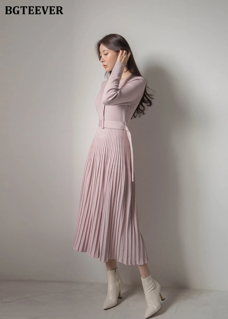 Autumn Winter Knitted Belted dresses