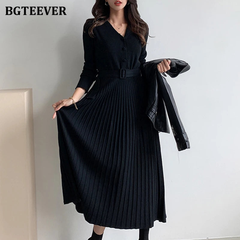 Autumn Winter Knitted Belted dresses