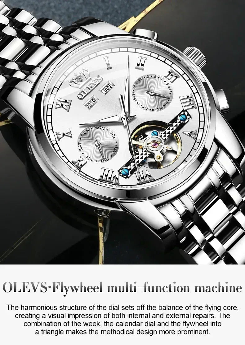 OLEVS Men's Watches Automatic Mechanical Business Wristwatch Silver green face