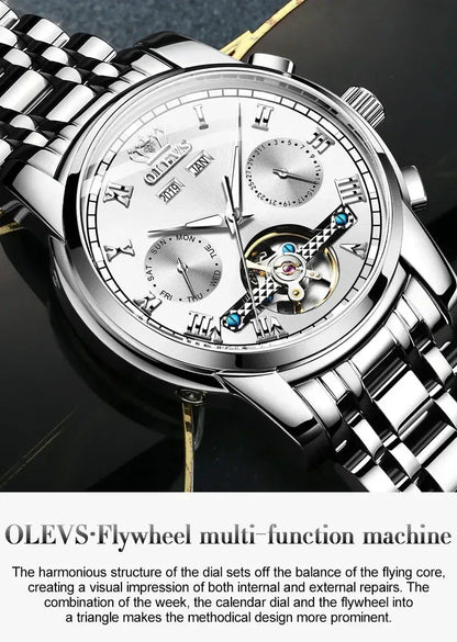 OLEVS Men's Watches Automatic Mechanical Business Wristwatch Silver green face