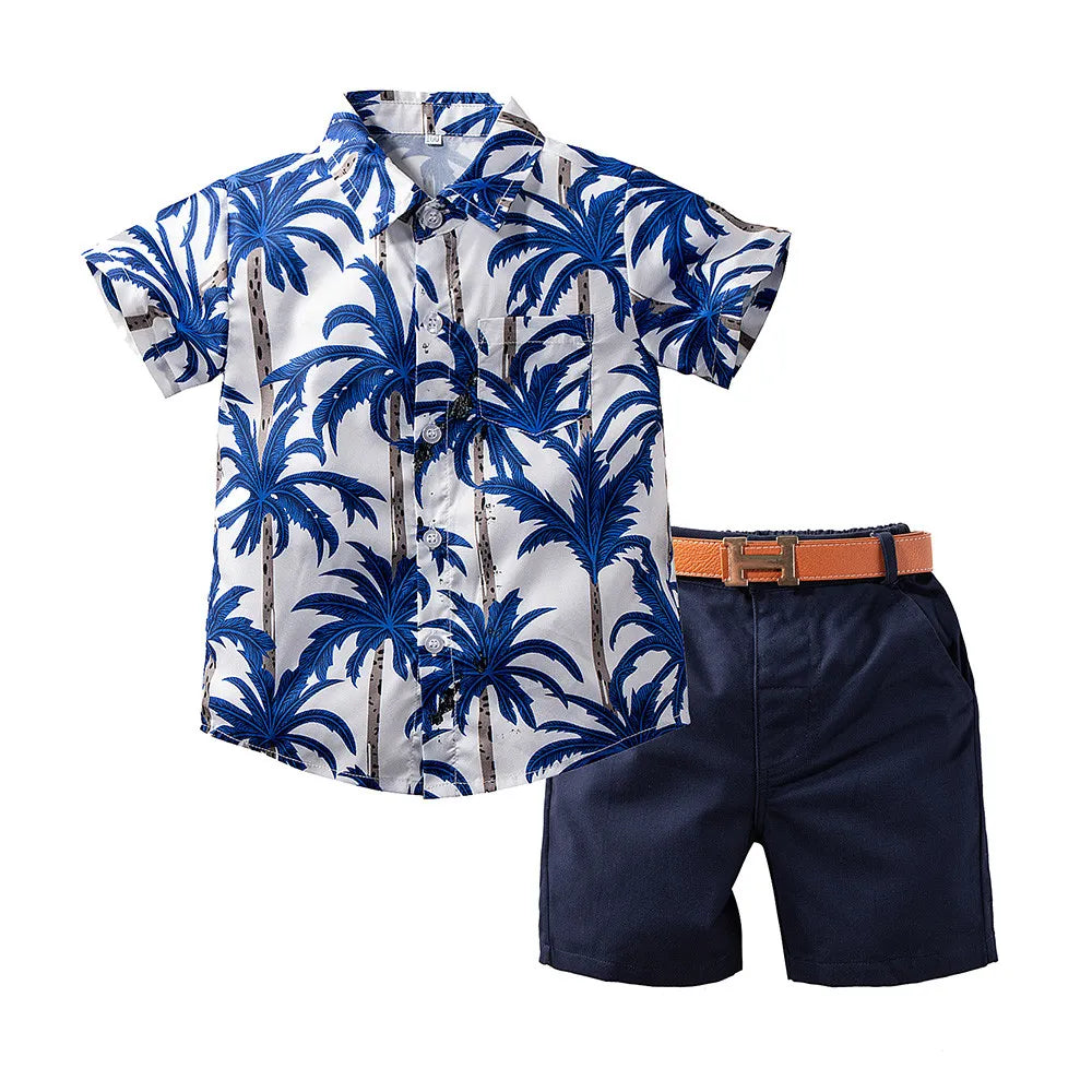 Set Printed Short Sleeve Blouse Solid Shorts Belt Fashion Hawaiian Style