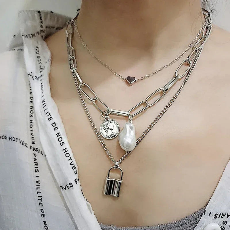 Fashion Chain Pearl Necklace Silver-12