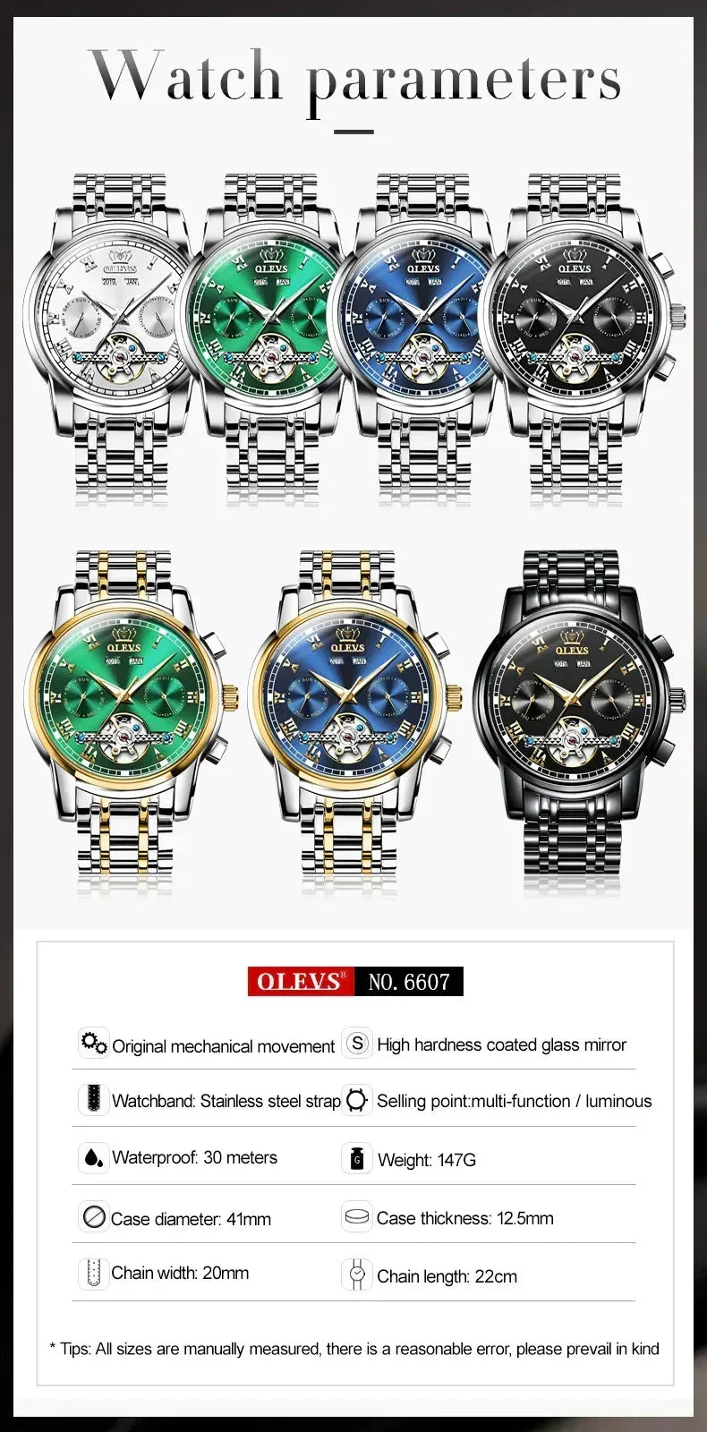 OLEVS Men's Watches Automatic Mechanical Business Wristwatch Silver green face