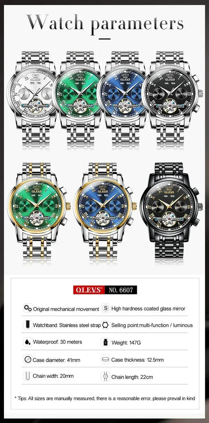 OLEVS Men's Watches Automatic Mechanical Business Wristwatch Silver green face