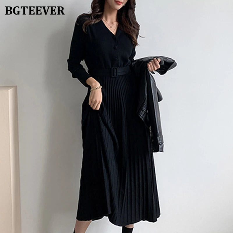 Autumn Winter Knitted Belted dresses