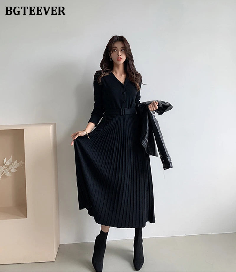 Autumn Winter Knitted Belted dresses