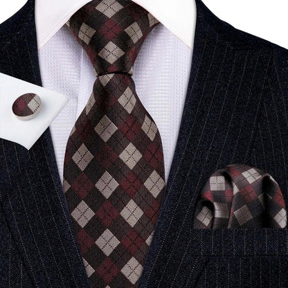 Barry.Wang LS-704 Red Plaid Silk Tie Set with Handkerchief & Cufflinks