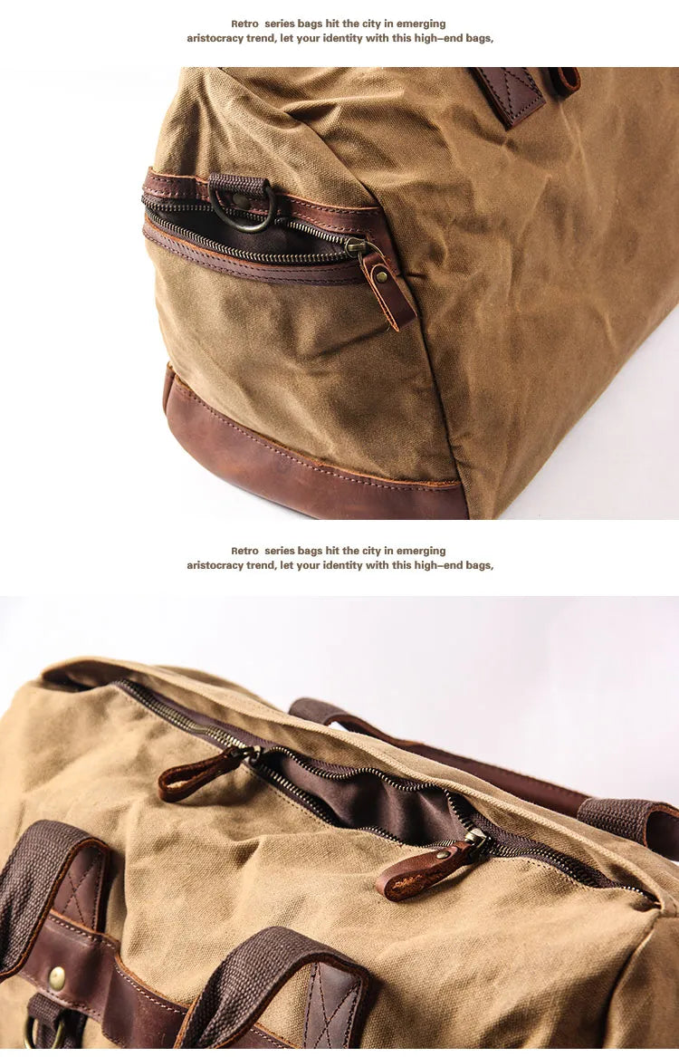 WaterProof Waxed Canvas Leather Men Travel Bag Hand Luggage