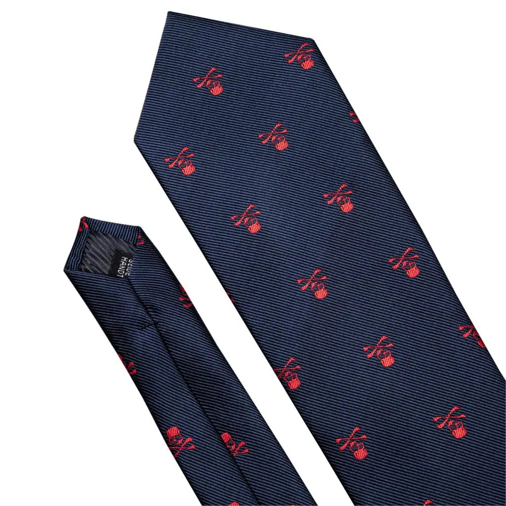 Red Skull Silk Tie Set with Handkerchief – Designer Men’s Necktie for Wedding, Business & Parties