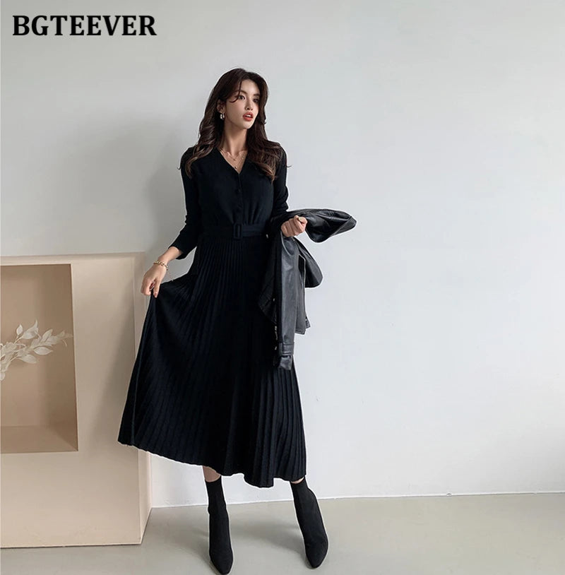 Autumn Winter Knitted Belted dresses