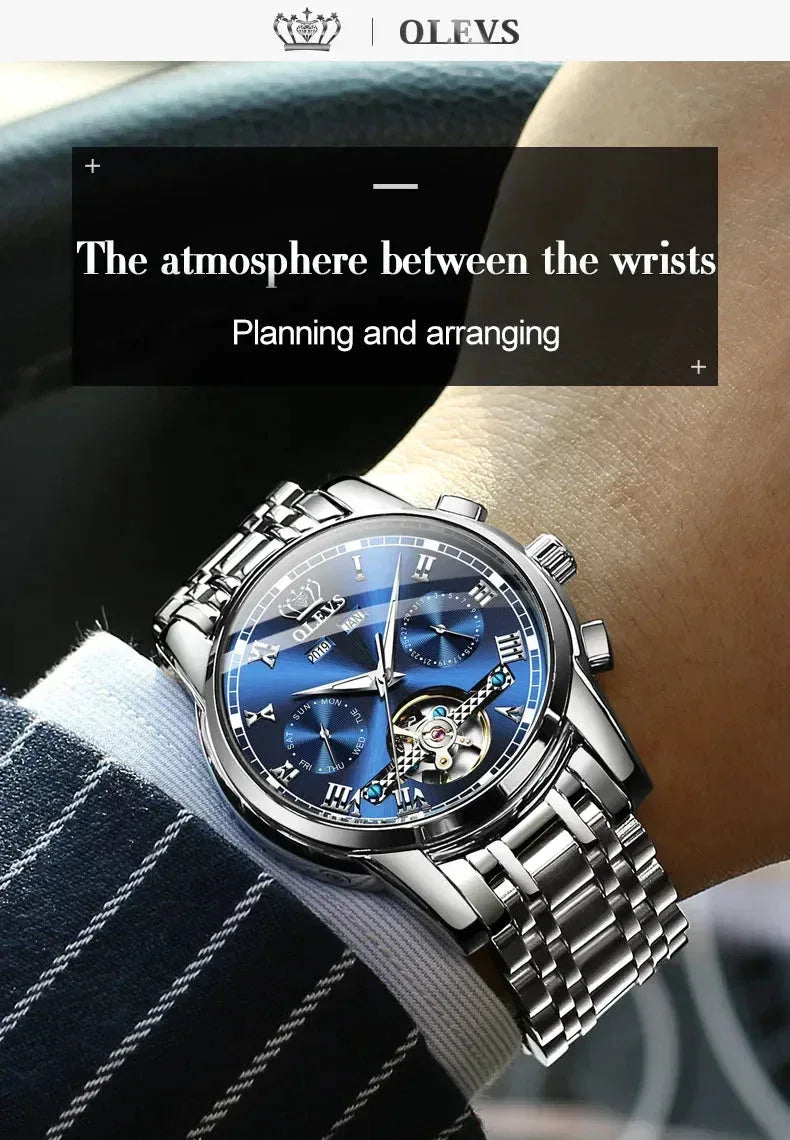 OLEVS Men's Watches Automatic Mechanical Business Wristwatch Silver green face