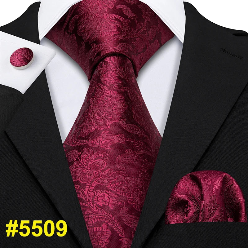 Barry.Wang LS-704 Red Plaid Silk Tie Set with Handkerchief & Cufflinks