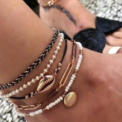 Multi Layered Gold Shell Pendant Chains Ankle Bracelet H24515