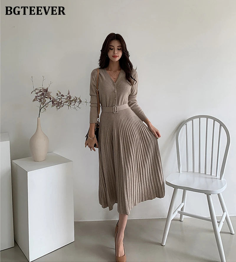 Autumn Winter Knitted Belted dresses