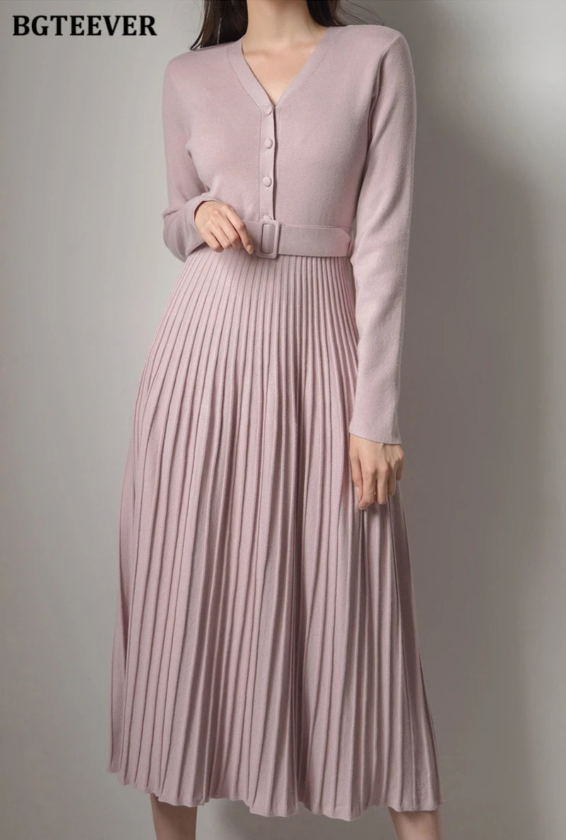 Autumn Winter Knitted Belted dresses