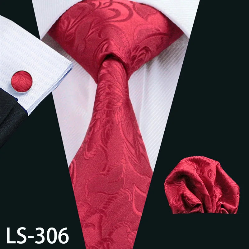 Barry.Wang LS-704 Red Plaid Silk Tie Set with Handkerchief & Cufflinks
