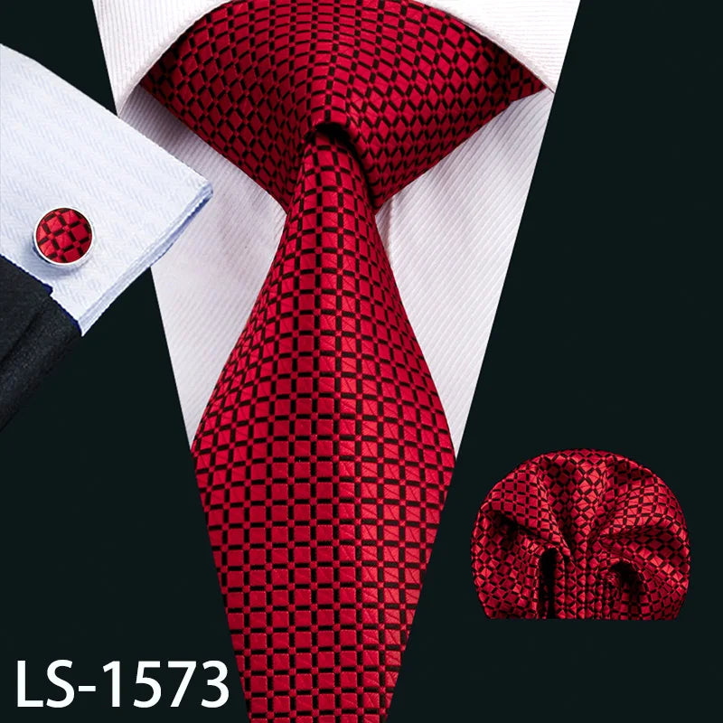 Barry.Wang LS-704 Red Plaid Silk Tie Set with Handkerchief & Cufflinks