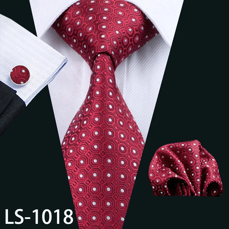Barry.Wang LS-704 Red Plaid Silk Tie Set with Handkerchief & Cufflinks
