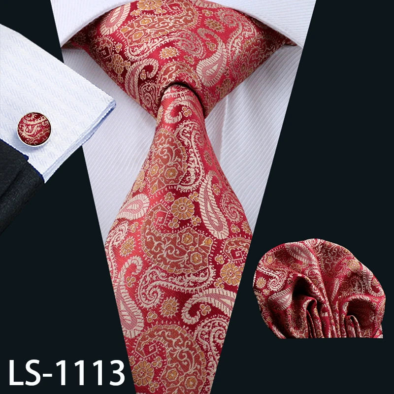 Barry.Wang LS-704 Red Plaid Silk Tie Set with Handkerchief & Cufflinks