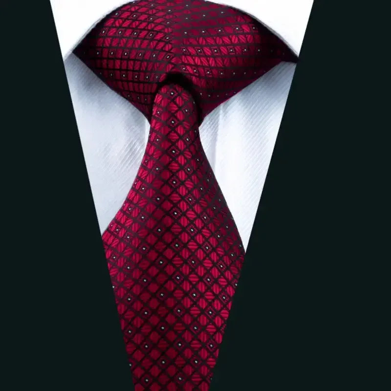Barry.Wang LS-704 Red Plaid Silk Tie Set with Handkerchief & Cufflinks