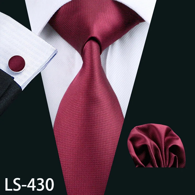 Barry.Wang LS-704 Red Plaid Silk Tie Set with Handkerchief & Cufflinks