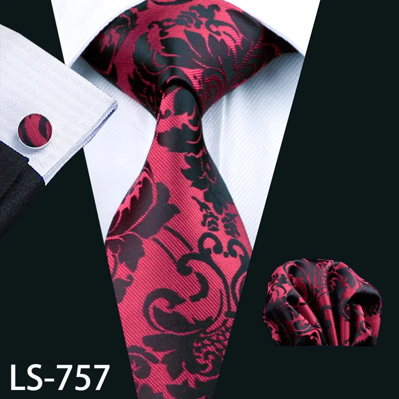 Barry.Wang LS-704 Red Plaid Silk Tie Set with Handkerchief & Cufflinks