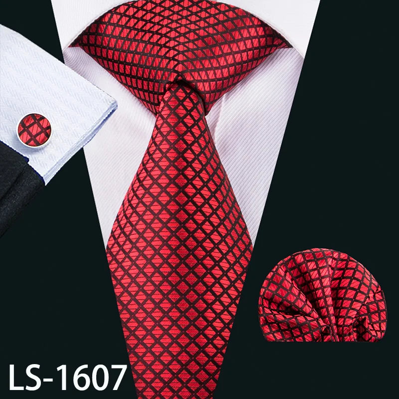 Barry.Wang LS-704 Red Plaid Silk Tie Set with Handkerchief & Cufflinks