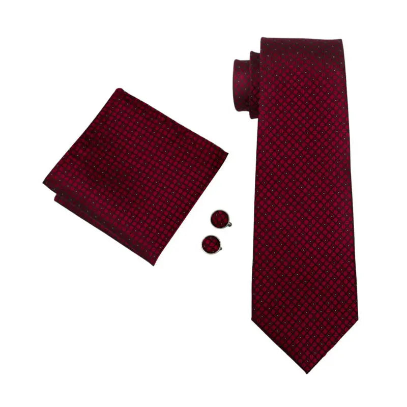 Barry.Wang LS-704 Red Plaid Silk Tie Set with Handkerchief & Cufflinks