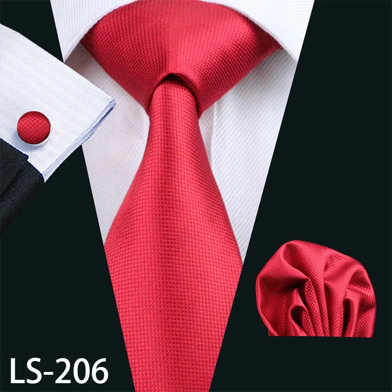 Barry.Wang LS-704 Red Plaid Silk Tie Set with Handkerchief & Cufflinks