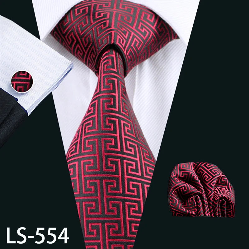 Barry.Wang LS-704 Red Plaid Silk Tie Set with Handkerchief & Cufflinks