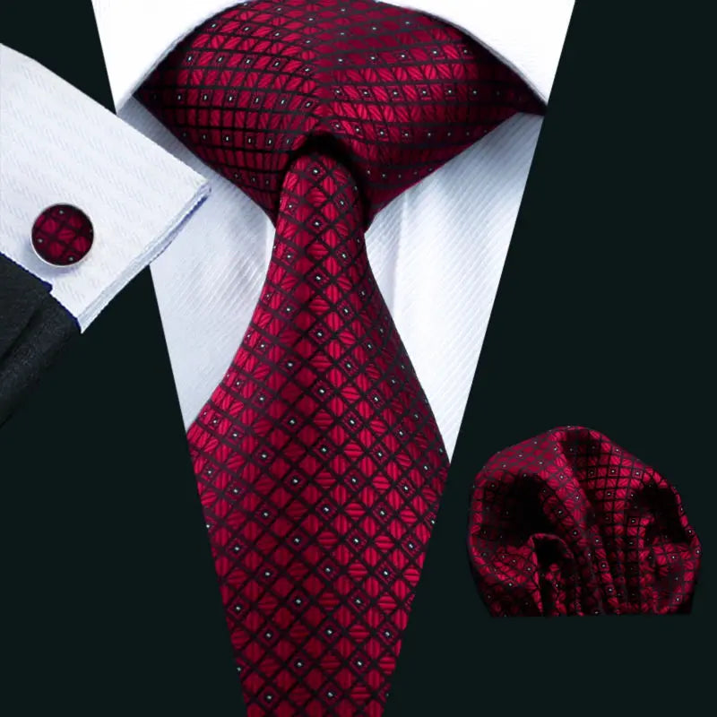 Barry.Wang LS-704 Red Plaid Silk Tie Set with Handkerchief & Cufflinks