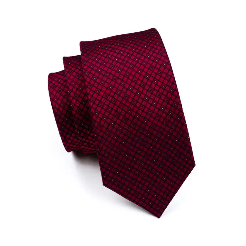 Barry.Wang LS-704 Red Plaid Silk Tie Set with Handkerchief & Cufflinks