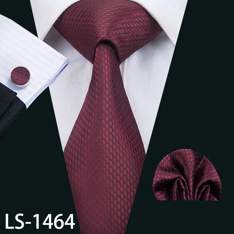 Barry.Wang LS-704 Red Plaid Silk Tie Set with Handkerchief & Cufflinks