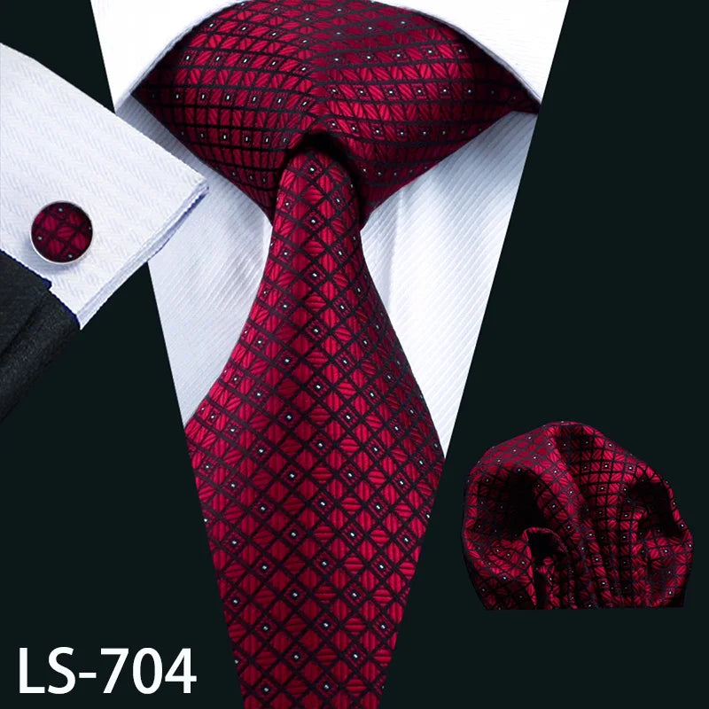 Barry.Wang LS-704 Red Plaid Silk Tie Set with Handkerchief & Cufflinks