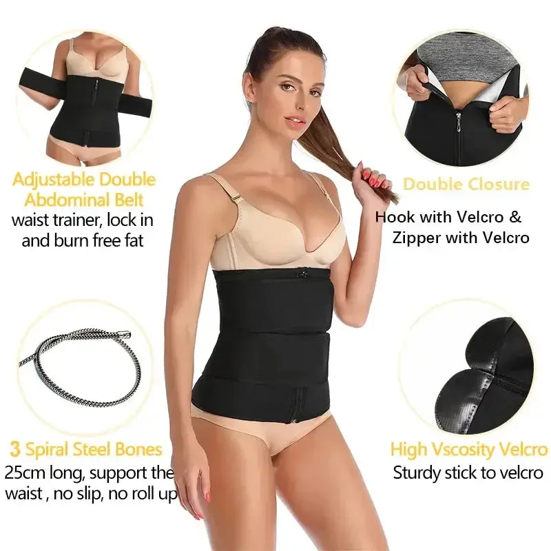 Silver Coating Sweat Sauna Waist Trainer Belt Adjustable Workout Body Shaper with Double Strap Zipper Silver Inner Black / L / United States