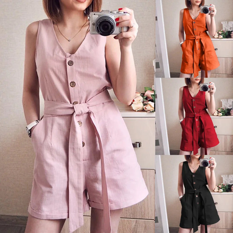 Button Belt V-neck Jumpsuit