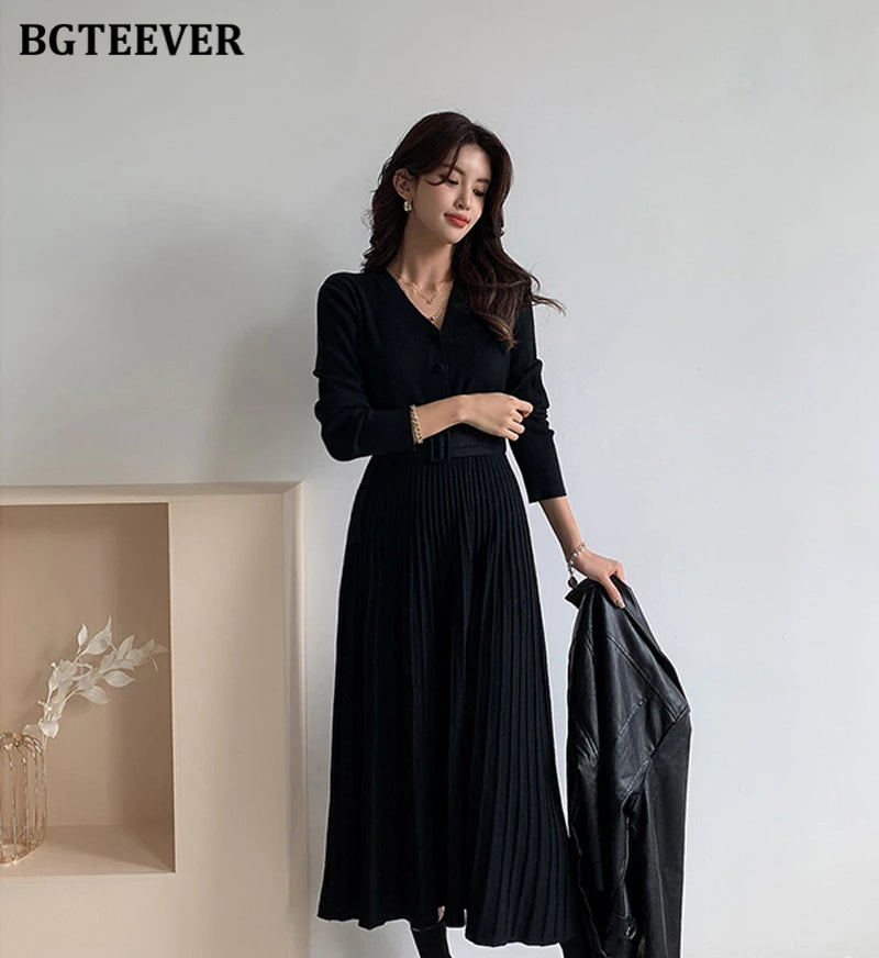 Autumn Winter Knitted Belted dresses