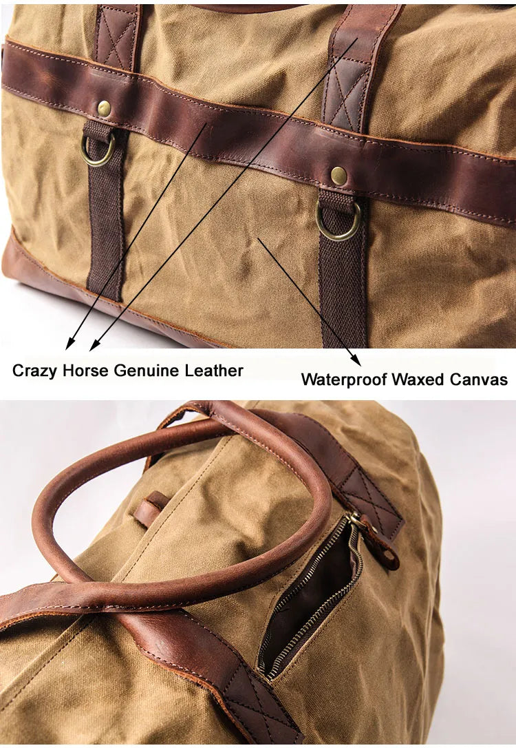 WaterProof Waxed Canvas Leather Men Travel Bag Hand Luggage