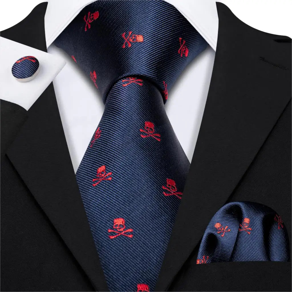 Red Skull Silk Tie Set with Handkerchief – Designer Men’s Necktie for Wedding, Business & Parties