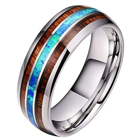 Hawaiian Koa Wood Blue Opal Shell Tungsten Band (#c239) Size 09
