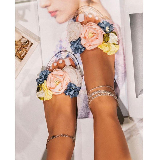 2021 Summer Beach Slippers Transparent Flowers Women‘s Slippers Pink / 6