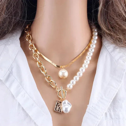 Fashion Chain Pearl Necklace Gold-05